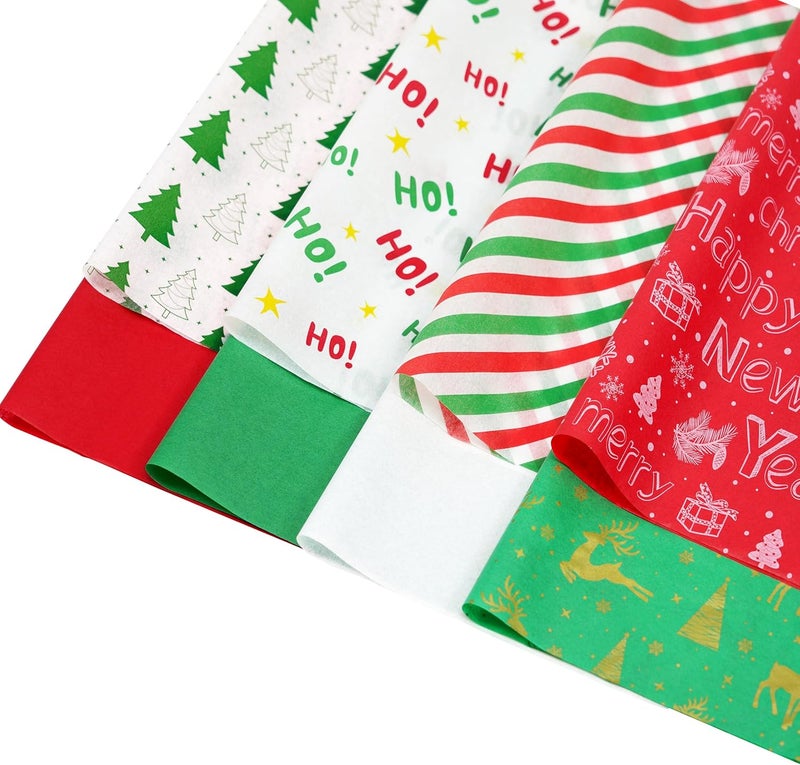 ROSYJUNE 120 Sheets Christmas Tissue Paper for Gift Bags, 20" x 14" Red Green White Wrapping Tissue Paper with 8 Different Designs for Christmas Gift Wrapping Holiday Decoration DIY Craft - Image 1
